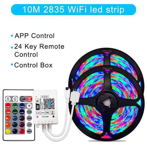 10M 2835 WiFi LED strip with control box and remote on a white background