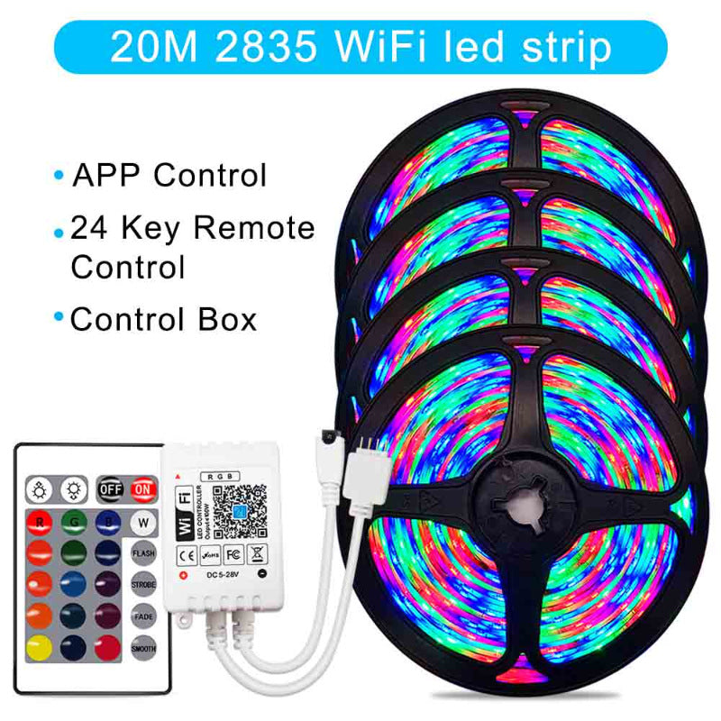 20M 2835 WiFi LED strip with control box and remote on a white background