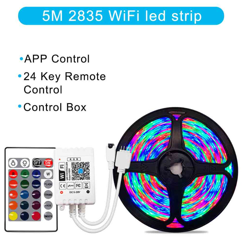 5M 2835 WiFi LED strip with control box and remote on a white background