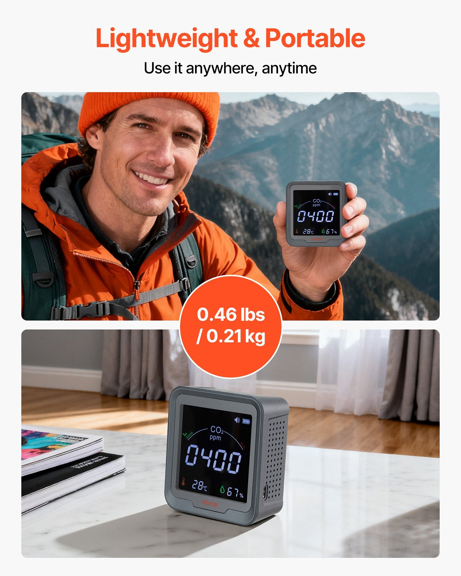 Carbon Dioxide Monitor, CO2 Controller With Temperature And Humidity Display, 15ft NDIR Sensor Cable CO2 Sensor, Carbon Dioxide Detector For Bedside, Home, Office, Car, Lightweight & Portable