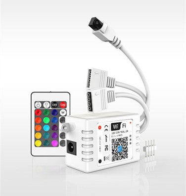 White electronic control unit with RGB LED lights and remote control on a white background