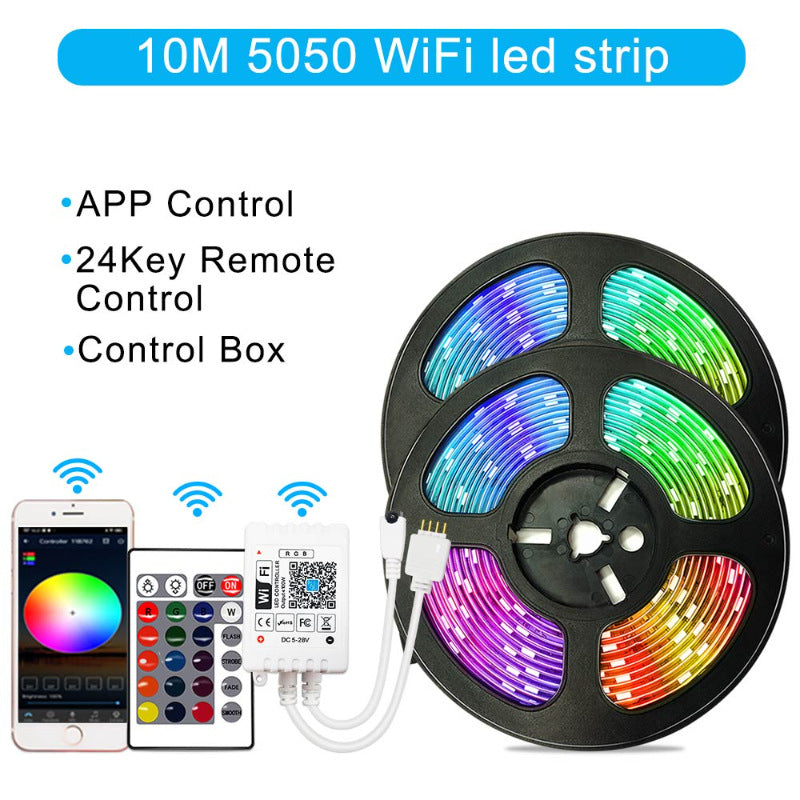 10M 5050 WiFi LED strip with control box, remote, and smartphone app on a white background